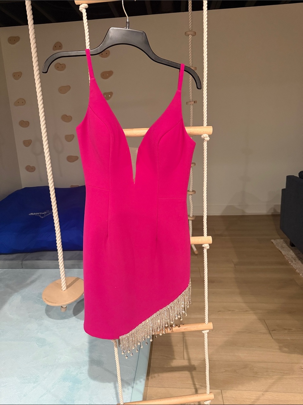 Jovani Fuchsia V-Neck Mini Dress with Beaded Fringe